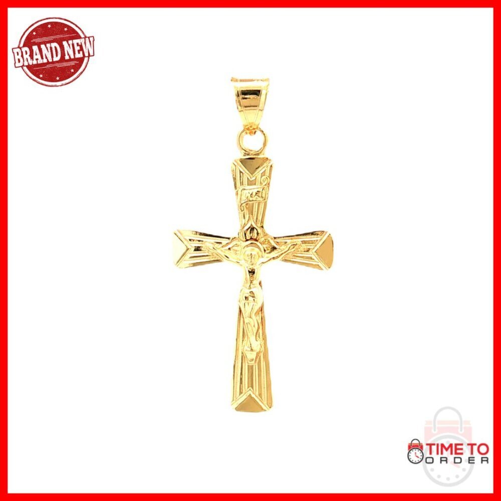 14K Gold Flower Crucifix Pendant Necklace, Handcrafted USA, Anti-Tarnish